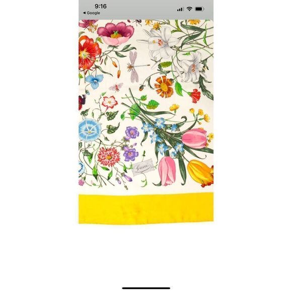 Gucci Silk Floral Yellow Scarf Rolled Edges - Picture 2 of 7